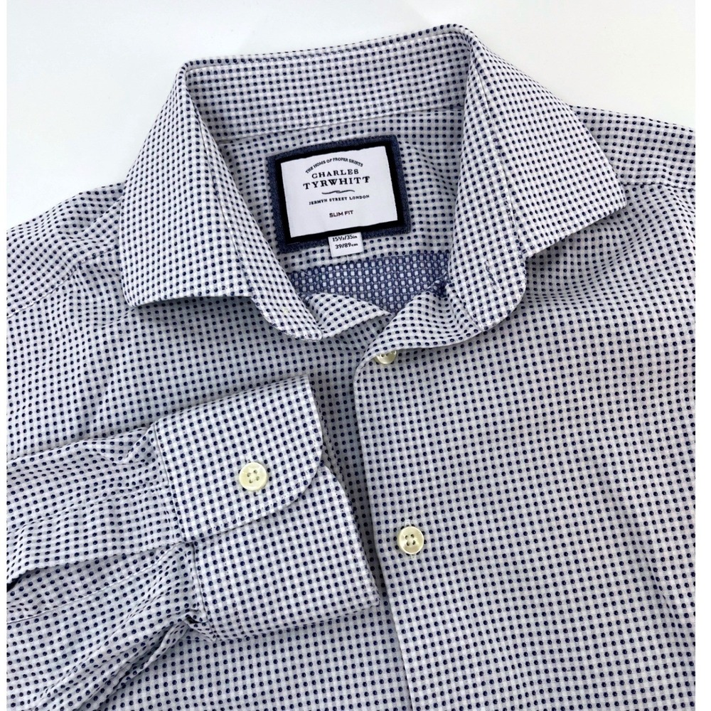 Charles Tyrwhitt Button Down Mens 15.5/35 Blue White Slim Fit Micro Check Shirt